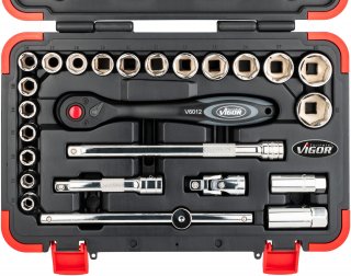 VIGOR Steckschlüssel Satz ∙ V2460N ∙ 1/2 Zoll (12,5 mm) Vierkant hohl ∙ Außen Sechskant Profil ∙ 25-teilig ∙ 10 – 32 ∙ Anzahl We Bild 4