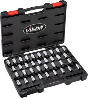 VIGOR Schraubendreher-Einsatz Satz ∙ V2496 ∙ 1/2 Zoll (12,5 mm) Vierkant hohl ∙ Innen TORX® Profil | Innen Keilprofil Ribe-CV | In Bild 1