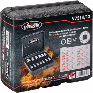 VIGOR Doppelsechskant Steckschlüssel Satz ∙ V7514/13 ∙ 1/4 Zoll (6,3 mm) Vierkant hohl ∙ Außen Doppelsechskant Profil ∙ 13-teili Bild 4