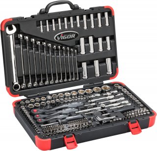 VIGOR Steckschlüssel Satz ∙ V3277N ∙ 5/16 Zoll (8 mm) Sechskant massiv | 1/4 Zoll (6,3 mm) Vierkant hohl | 3/8 Zoll (10 mm) Vierka Bild 1