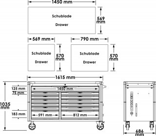VIGOR Werkstattwagen Series XXL ∙ Edelstahl-Arbeitsplatte ∙ leer ∙ V4481-XXL ∙ L x B x H: 1625 mm x 695 mm x 1017 mm Bild 13
