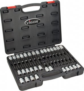 VIGOR RIBE Schraubendreher-Einsatz Satz ∙ V2201 ∙ 1/2 Zoll (12,5 mm) Vierkant hohl ∙ Innen Keilprofil Ribe-CV ∙ 32-teilig ∙ M5 – Bild 1