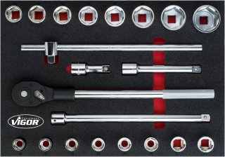 VIGOR Steckschlüssel Satz ∙ V5109 ∙ 3/4 Zoll (20 mm) Vierkant hohl ∙ Außen Sechskant Profil ∙ 21-teilig ∙ 19 – 50 ∙ Anzahl Werkz Bild 1