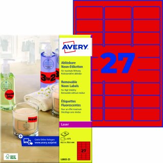 Avery Zweckform Etikett L6003-25 63,5x29,6mm neonrot 675 St./Pack.