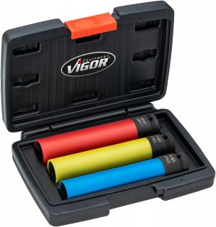 VIGOR Schlagschrauber Steckschlüssel Satz ∙ extra lang ∙ V5933/3 ∙ 1/2 Zoll (12,5 mm) Vierkant hohl ∙ Außen Sechskant Profil ∙ 3