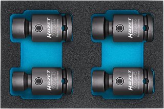 HAZET Kraft Steckschlüssel-Satz ∙ Gelenk 900SG-1316/4 ∙ 1/2 Zoll (12,5 mm) Vierkant hohl ∙ Außen-Tractionsprofil Sechskant ∙ 4-t