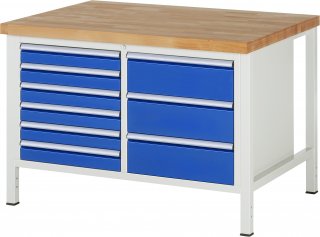 Werkbank höhenverstellbar 8479A2 | B1250xT900xH840-1040mm | 9xSchublade-VA