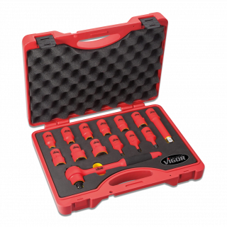 VIGOR VDE Steckschlüssel Satz ∙ V3343 ∙ 1/2 Zoll (12,5 mm) Vierkant hohl ∙ Außen Sechskant Profil | Innen Sechskant Profil ∙ 14-t