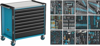HAZET Werkstattwagen Assistent 179NXXLD ∙ Sortiment 179NXXL-8D/619 ∙ 619-teilig ∙ Schubladen | flach: 7× 81 x 870 x 522 mm ∙ Schu