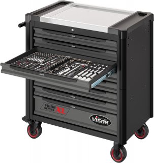 VIGOR Werkstattwagen Series XL ∙ Edelstahl-Arbeitsplatte ∙ mit Sortiment ∙ V4481-X/375 ∙ 375-teilig ∙ Anzahl Werkzeuge: 375