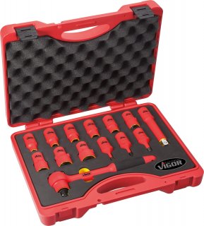 VIGOR VDE Steckschlüssel Satz ∙ V3343 ∙ 1/2 Zoll (12,5 mm) Vierkant hohl ∙ Außen Sechskant Profil | Innen Sechskant Profil ∙ 14-t
