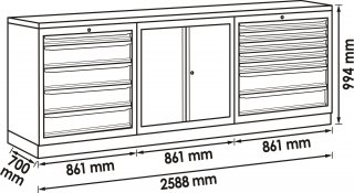 VIGOR Schrankwand-Kombination ∙ Starter-Paket ∙ Edelstahl ∙ V6000-3P1XLD-X ∙ L x B x H: 2588 mm x 700 mm x 994 mm
