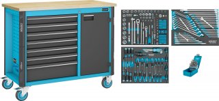 HAZET Werkbank ∙ fahrbar Assistent 179NW ∙ Sortiment 179NW-7/228 ∙ 228-teilig ∙ Schubladen | flach: 6 x 81 x 522 x 398 mm ∙ Schub
