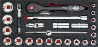 VIGOR Steckschlüssel Werkzeug Satz ∙ V4975 ∙ 1/2 Zoll (12,5 mm) Vierkant hohl ∙ Außen Sechskant Profil ∙ 25-teilig ∙ 10 – 32 ∙ A